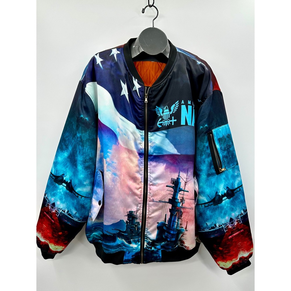 Vtg US Navy Battleship Fighter Jet Graphic Bomber Jkt Mens XXXXL Y2K streetwear‎